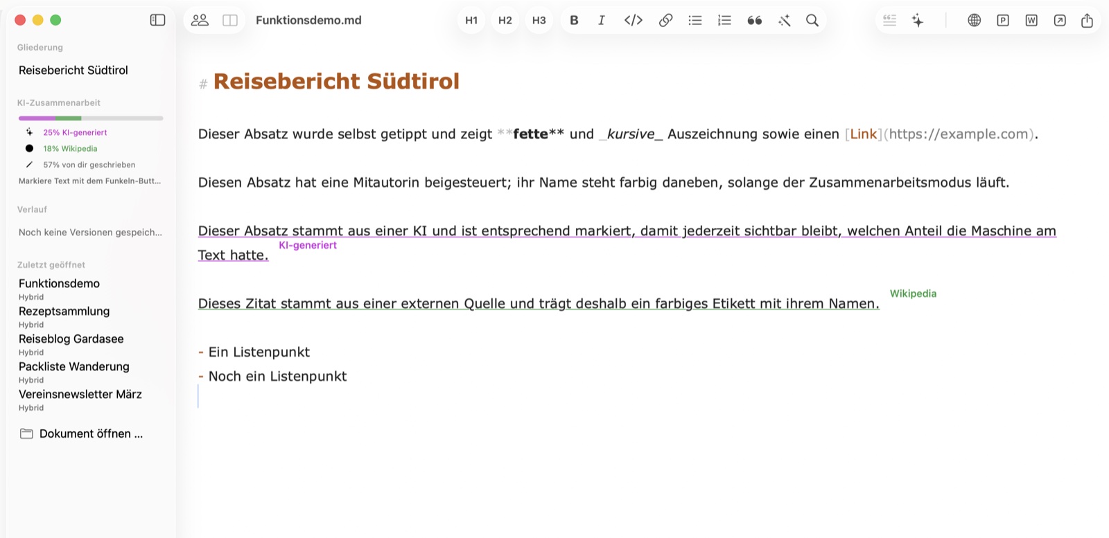 Der Hybrid-Editor auf macOS mit Herkunfts-Markierungen: KI-Text violett unterstrichen, ein Quellenzitat grün etikettiert, dazu die Anteilsanzeige in der Seitenleiste
