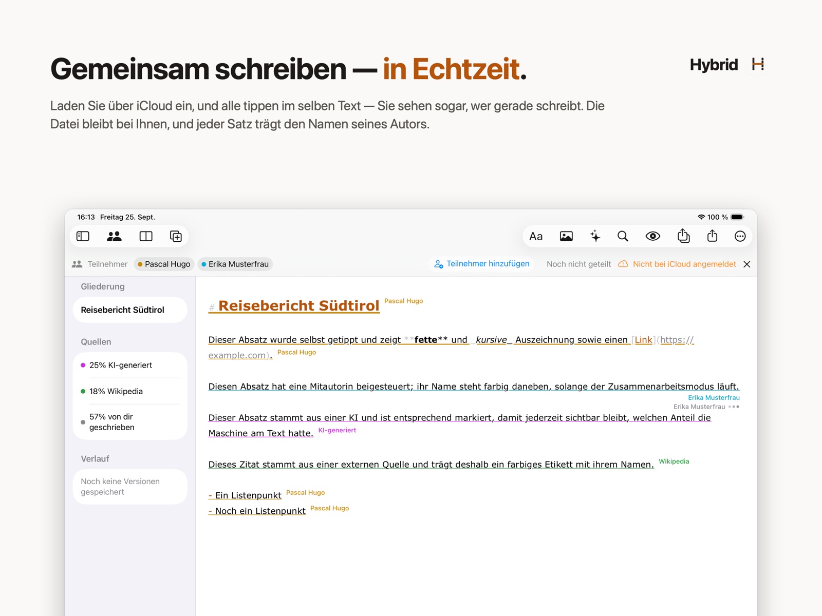 Hybrid auf dem iPad: Zusammenarbeit in Echtzeit mit zwei Autoren, jede Passage mit dem Namen ihres Autors etikettiert