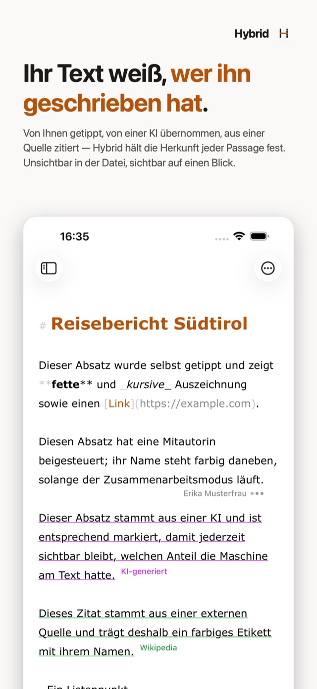 Hybrid auf dem iPhone: der Editor mit Herkunfts-Markierungen für KI-Text und Quellen