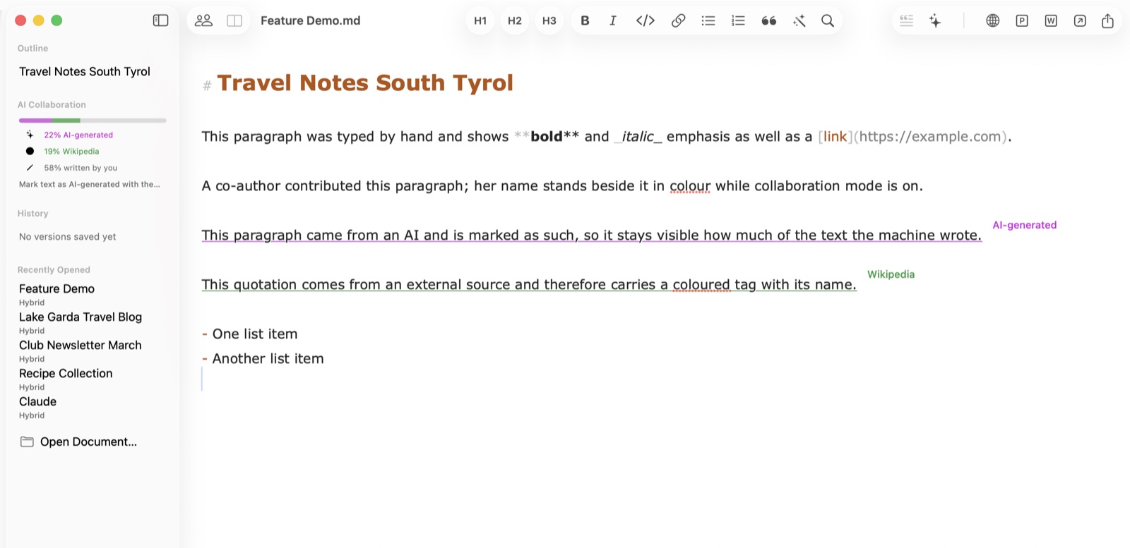The Hybrid editor on macOS with provenance labels: AI-generated text underlined in purple, a source quote labelled in green, and the contribution meter in the sidebar