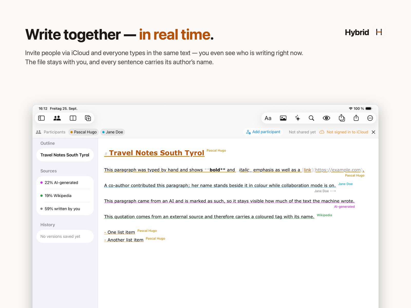 Hybrid on iPad: real-time collaboration with two authors, every passage labeled with its author's name