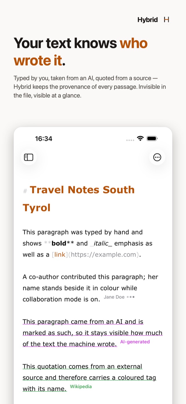 Hybrid on iPhone: the editor with provenance marks for AI text and sources