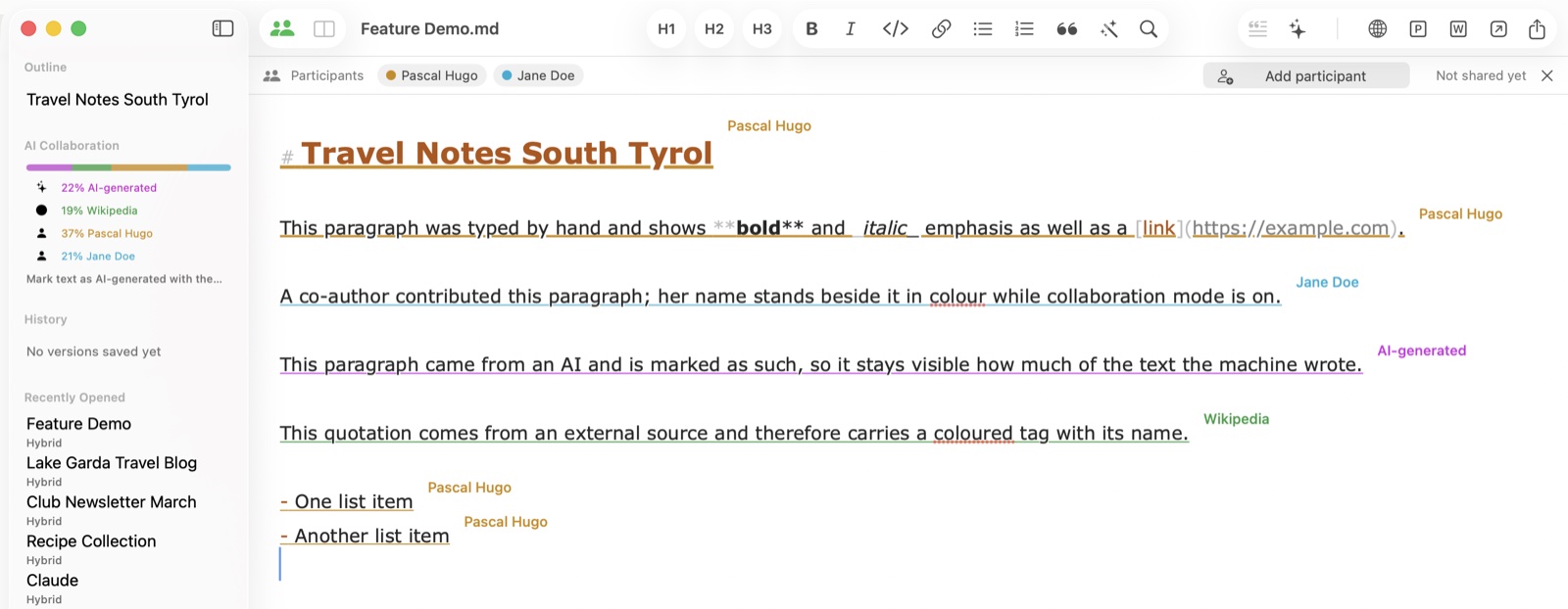 Collaboration mode in Hybrid with two authors, each passage labelled with its author's name and color