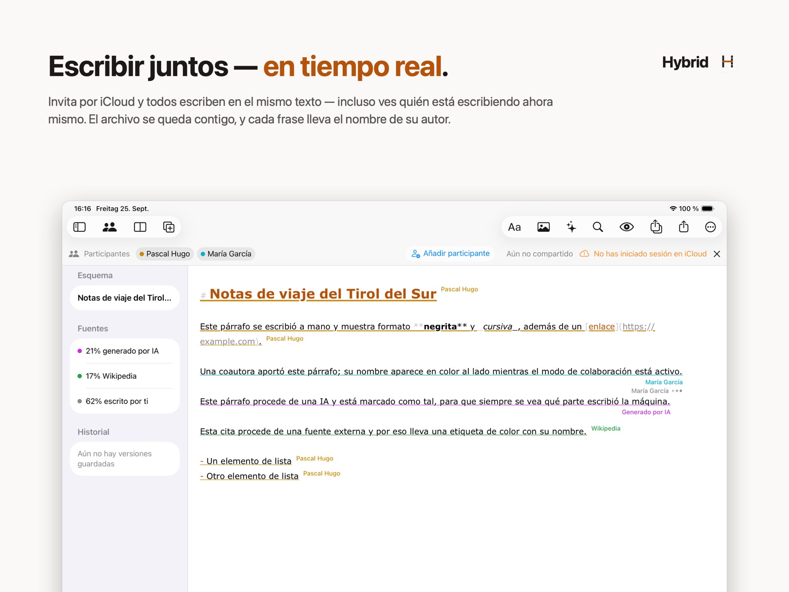 Hybrid en el iPad: colaboración en tiempo real con dos autores, cada pasaje etiquetado con el nombre de su autor