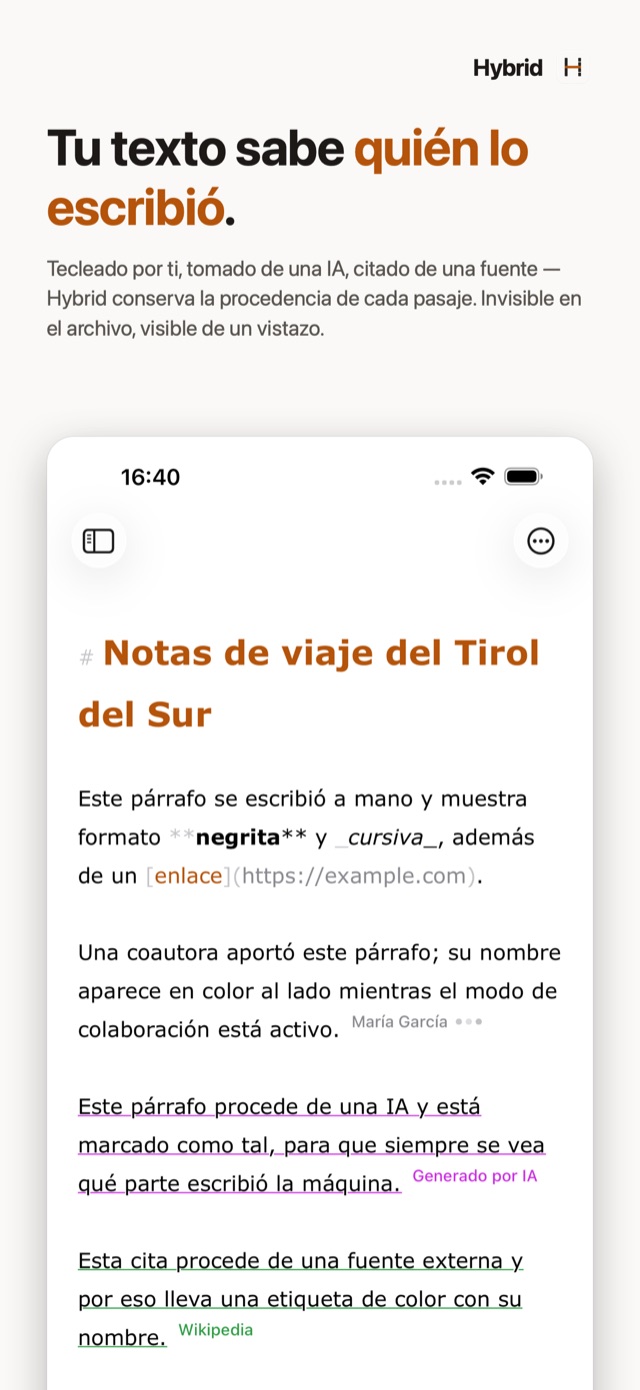 Hybrid en el iPhone: el editor con marcas de procedencia para el texto de IA y las fuentes