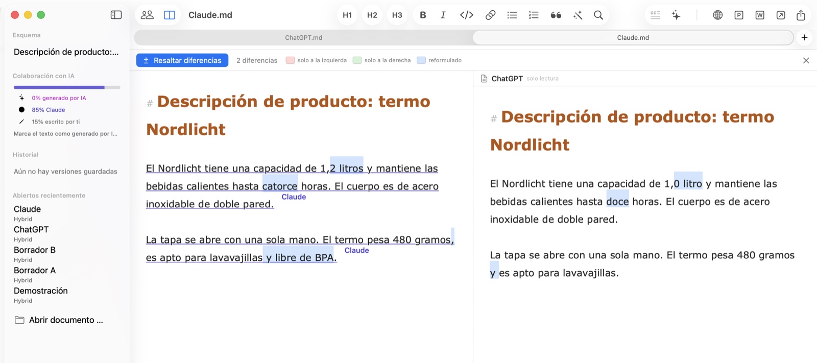 Dos respuestas de IA a la misma pregunta lado a lado en Hybrid, con las diferencias resaltadas en color