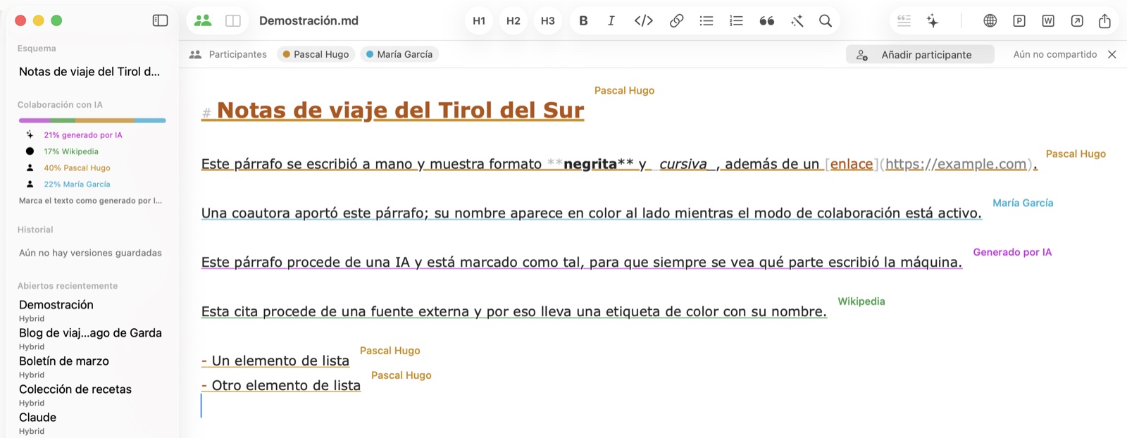 Modo de colaboración en Hybrid con dos autores, cada pasaje etiquetado con el nombre y color de su autor