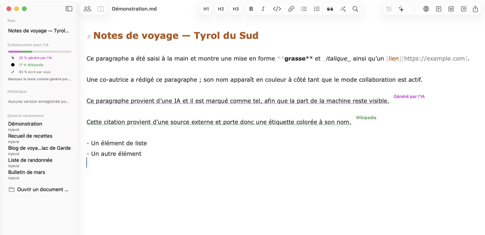 L'éditeur Hybrid sur macOS avec les marques de provenance : texte IA souligné en violet, citation étiquetée en vert et jauge des contributions dans la barre latérale