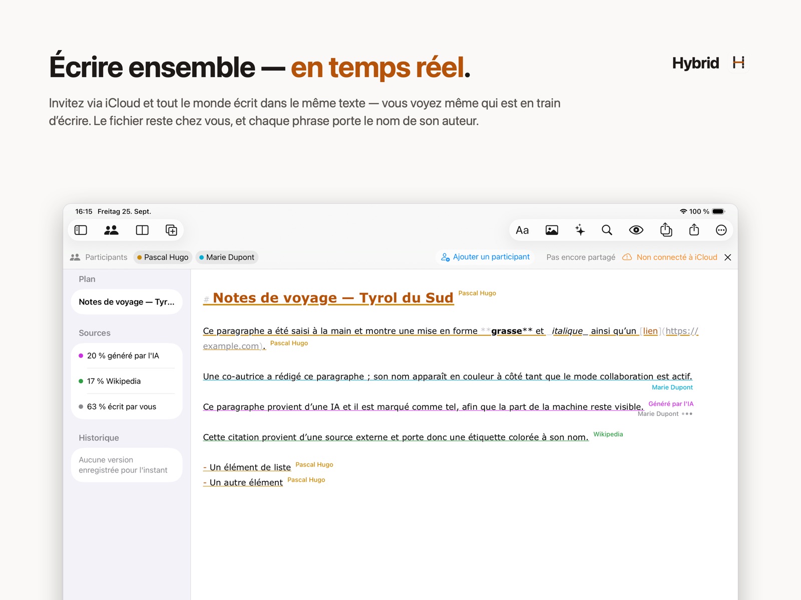 Hybrid sur iPad : collaboration en temps réel avec deux auteurs, chaque passage étiqueté du nom de son auteur