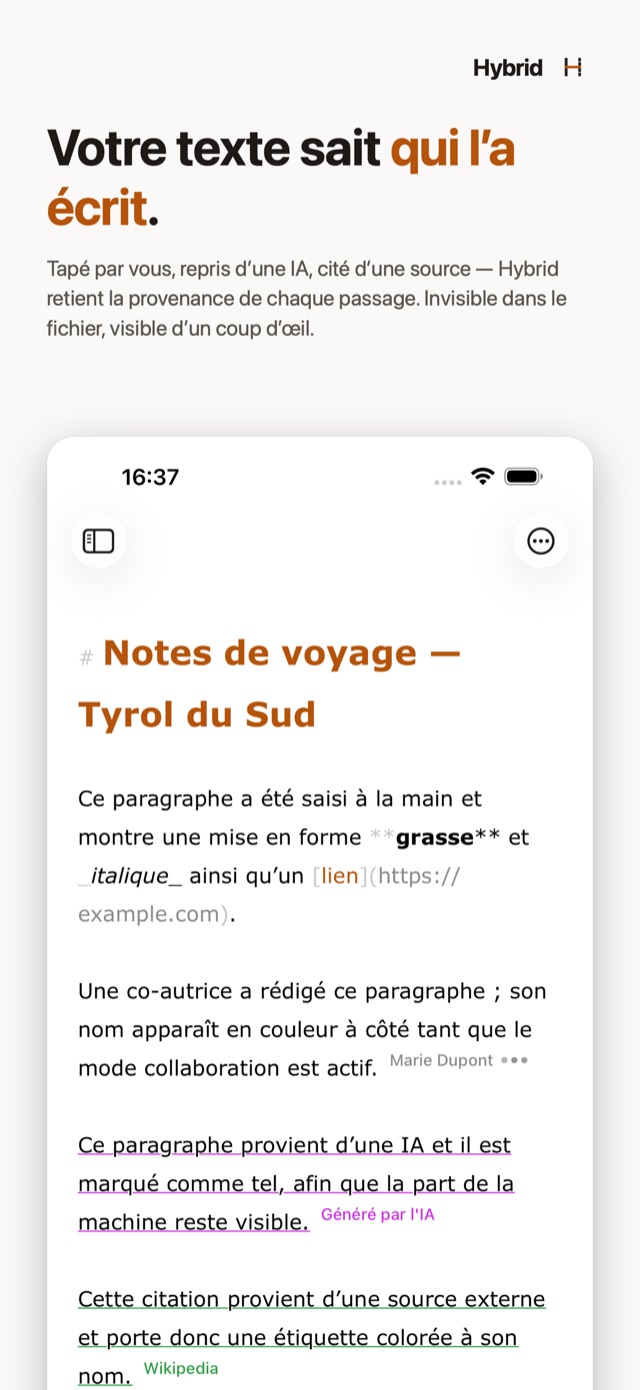 Hybrid sur iPhone : l'éditeur avec les marques de provenance pour le texte d'IA et les sources