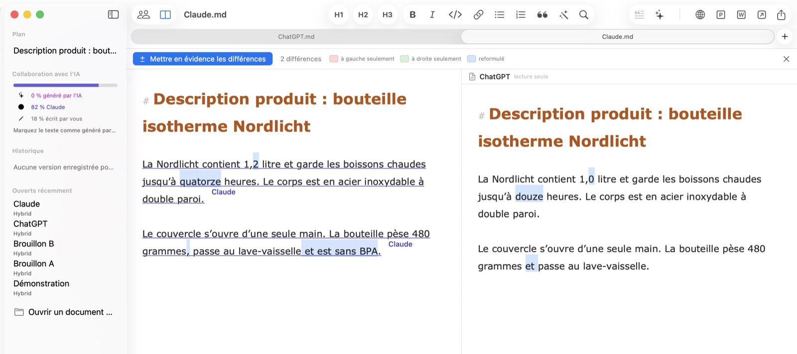 Deux réponses d'IA à la même question côte à côte dans Hybrid, différences surlignées en couleur