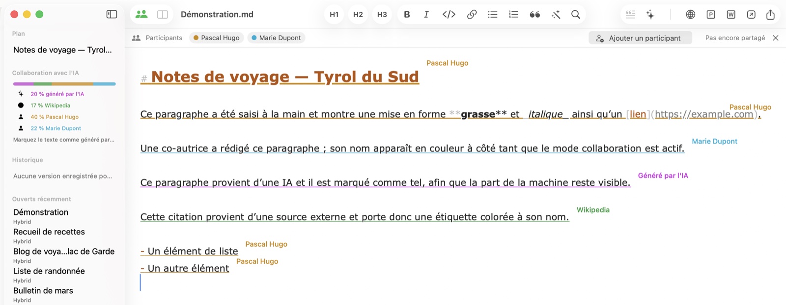 Mode collaboration dans Hybrid avec deux auteurs, chaque passage étiqueté du nom et de la couleur de son auteur