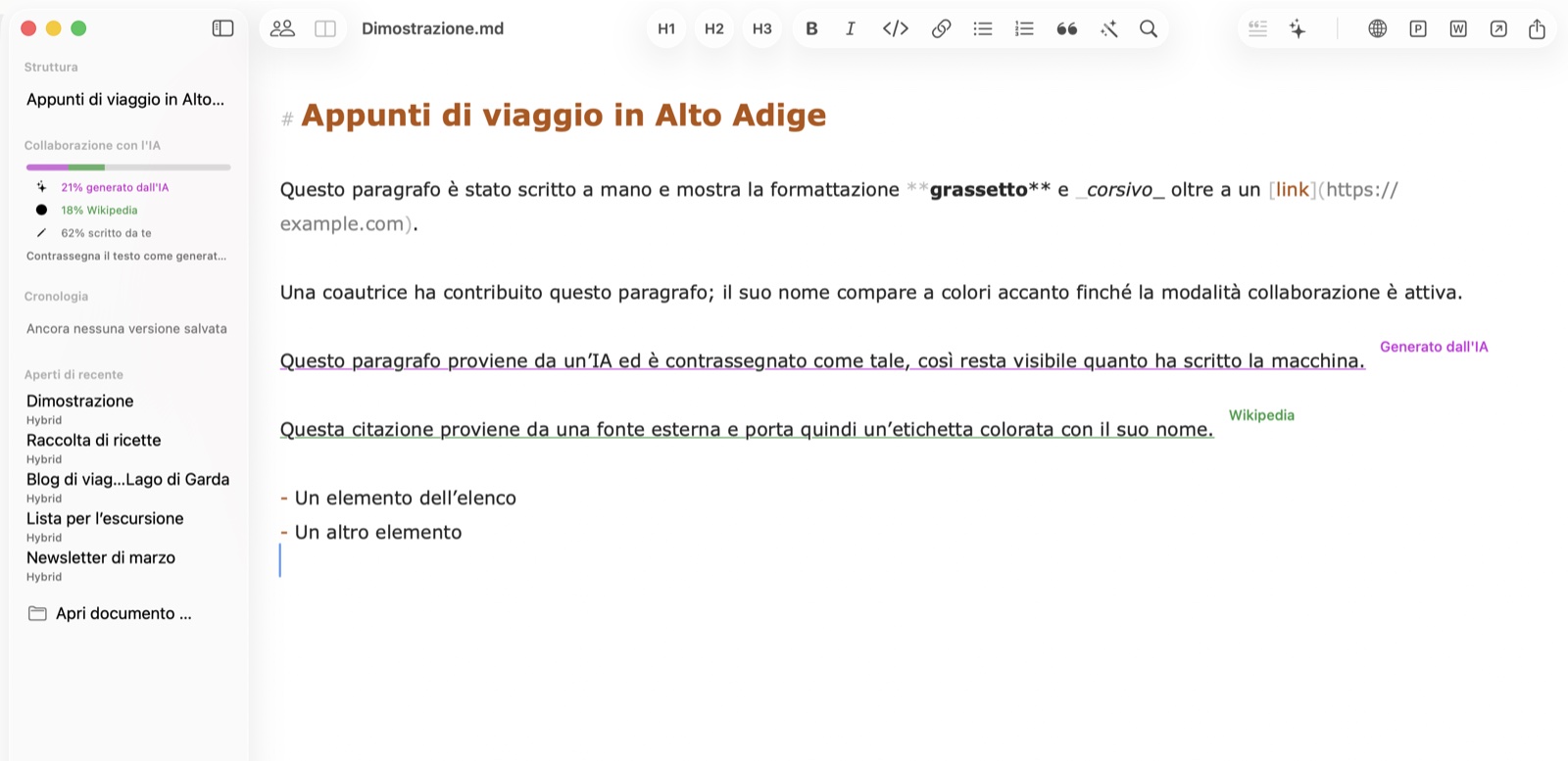 L'editor Hybrid su macOS con le marcature di provenienza: testo IA sottolineato in viola, una citazione etichettata in verde e l'indicatore dei contributi nella barra laterale