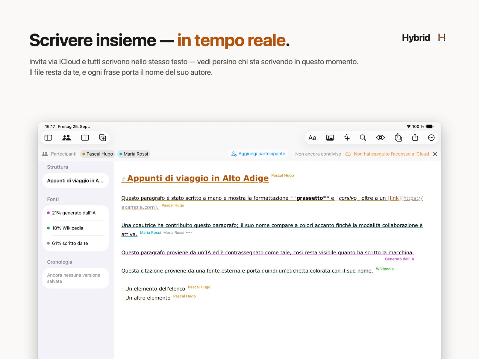 Hybrid su iPad: collaborazione in tempo reale con due autori, ogni passaggio etichettato con il nome del suo autore