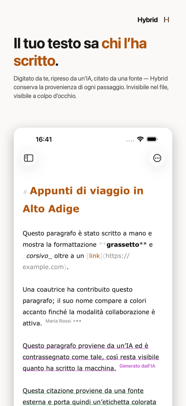 Hybrid su iPhone: l'editor con le marcature di provenienza per il testo IA e le fonti