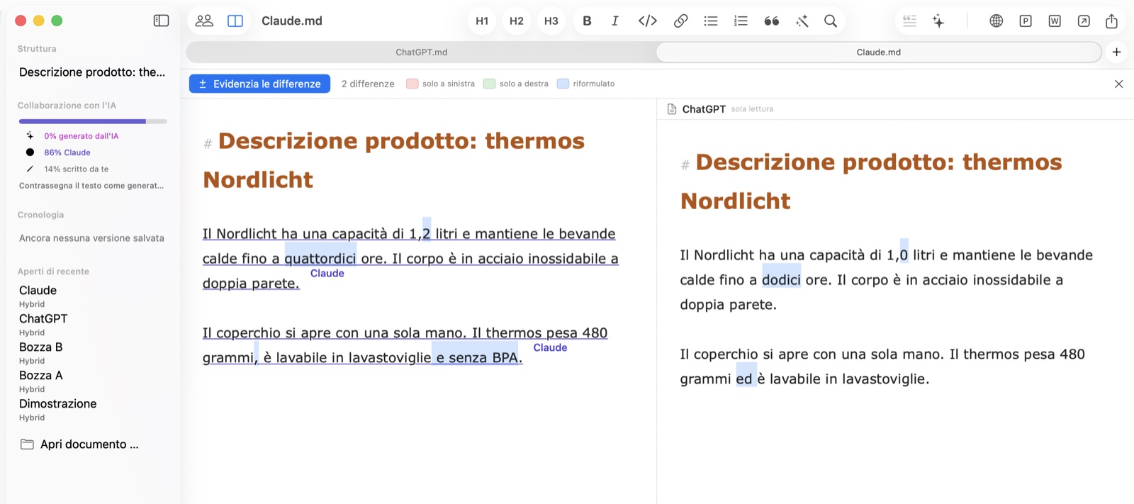 Due risposte IA alla stessa domanda fianco a fianco in Hybrid, con le differenze evidenziate a colori