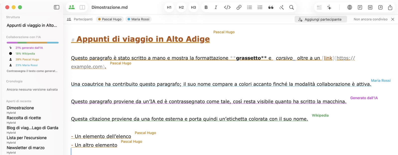 Modalità collaborazione in Hybrid con due autori, ogni passaggio etichettato con nome e colore del suo autore