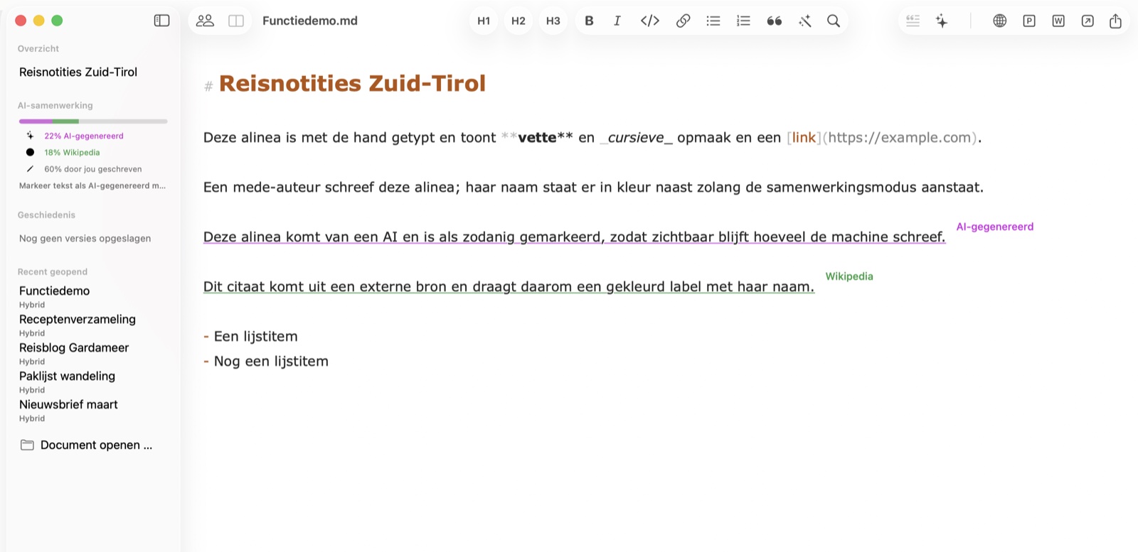De Hybrid-editor op macOS met herkomstmarkeringen: AI-tekst paars onderstreept, een broncitaat groen gelabeld en de bijdragenmeter in de zijbalk