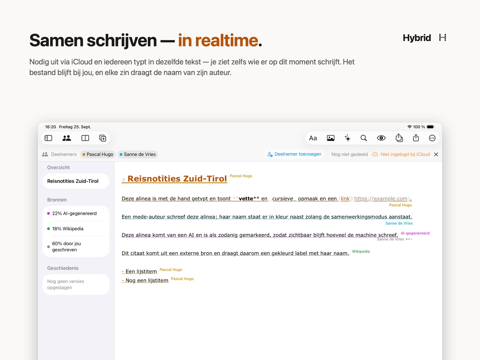 Hybrid op de iPad: realtime samenwerken met twee auteurs, elke passage voorzien van de naam van de auteur