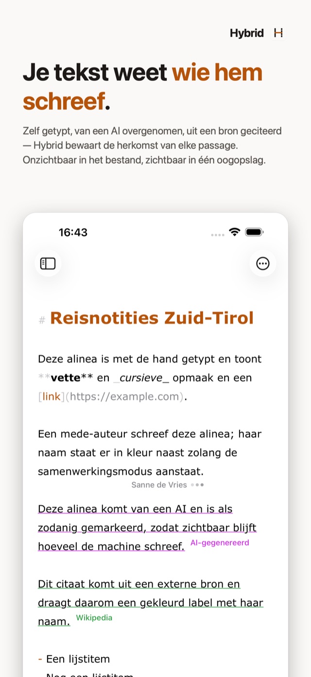Hybrid op de iPhone: de editor met herkomstmarkeringen voor AI-tekst en bronnen