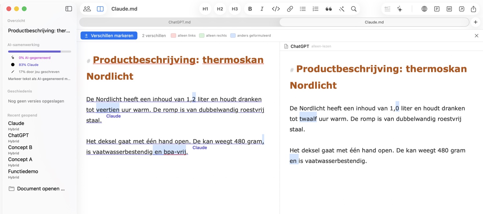Twee AI-antwoorden op dezelfde vraag naast elkaar in Hybrid, verschillen in kleur gemarkeerd