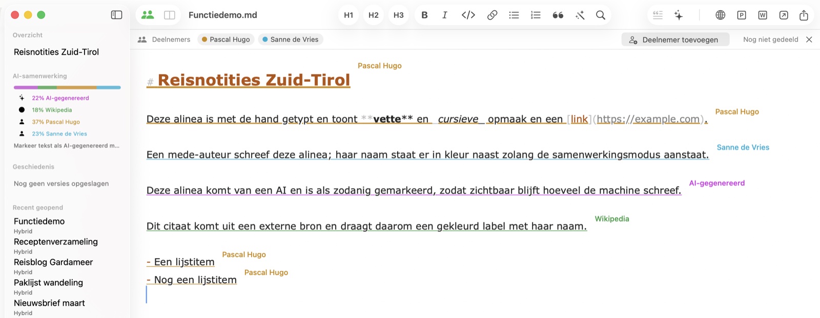 Samenwerkmodus in Hybrid met twee auteurs, elke passage gelabeld met naam en kleur van de auteur