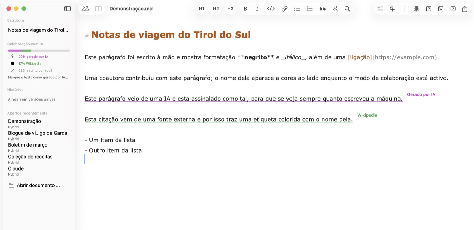 O editor Hybrid no macOS com marcações de proveniência: texto de IA sublinhado a violeta, uma citação etiquetada a verde e o medidor de contribuições na barra lateral