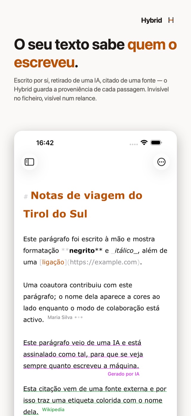 O Hybrid no iPhone: o editor com marcas de proveniência para texto de IA e fontes