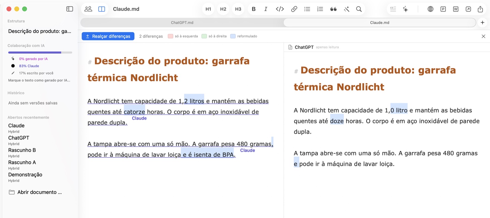 Duas respostas de IA à mesma pergunta lado a lado no Hybrid, com as diferenças realçadas a cores