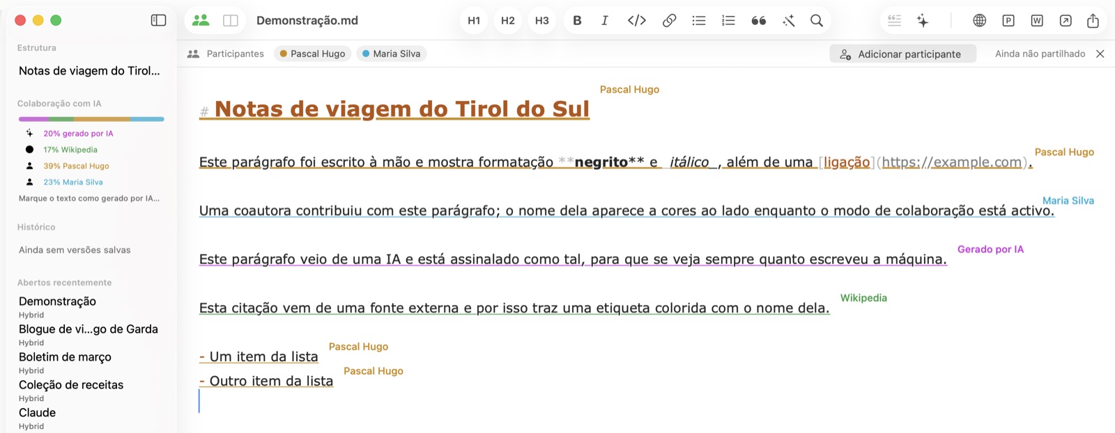 Modo de colaboração no Hybrid com dois autores, cada passagem etiquetada com o nome e a cor do seu autor